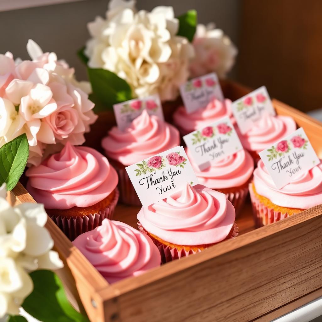 Pink frosted cupcakes with thank you tags